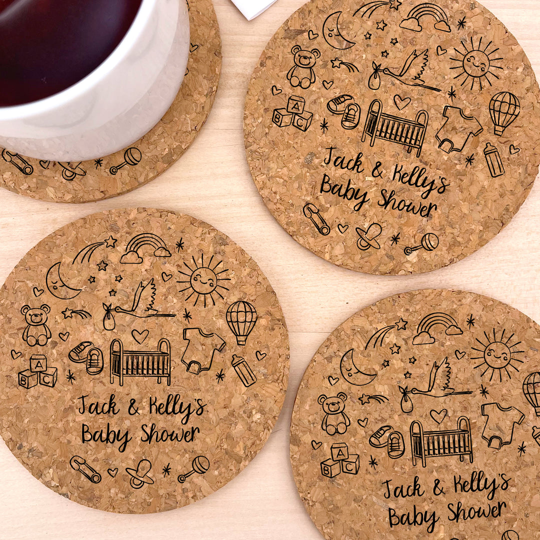 Personalized Round Cork Coasters, Hand Drawn Baby Shower Icon Sketch Pattern