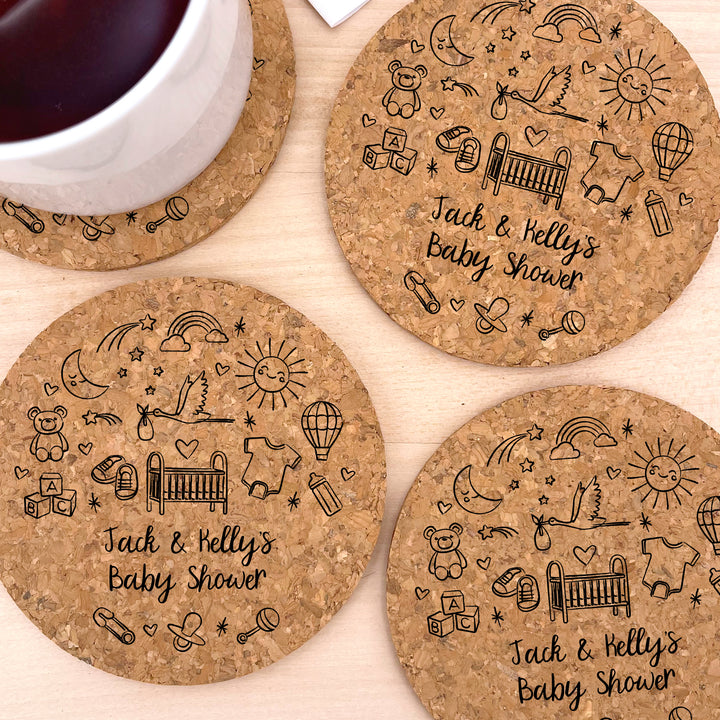 Personalized Round Cork Coasters, Hand Drawn Baby Shower Icon Sketch Pattern