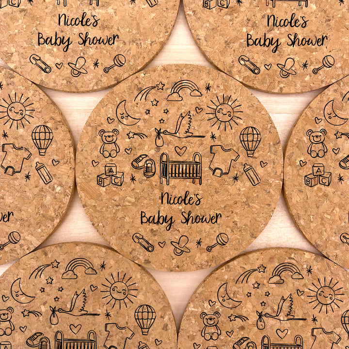 Personalized Round Cork Coasters, Hand Drawn Baby Shower Icon Sketch Pattern