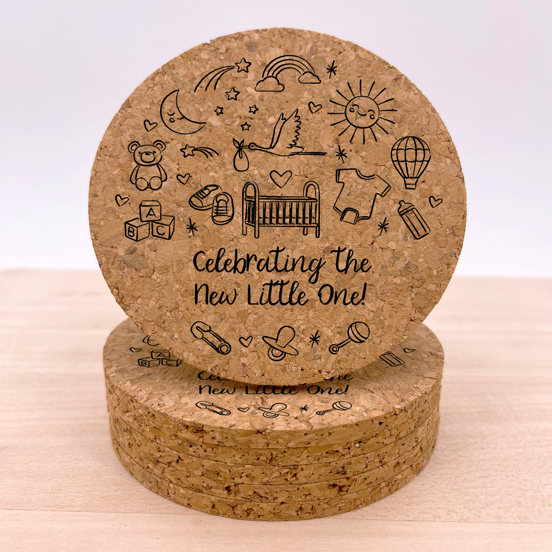Personalized Round Cork Coasters, Hand Drawn Baby Shower Icon Sketch Pattern