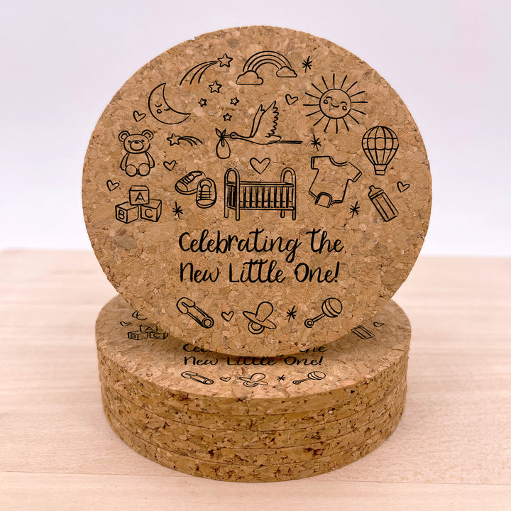 Personalized Round Cork Coasters, Hand Drawn Baby Shower Icon Sketch Pattern