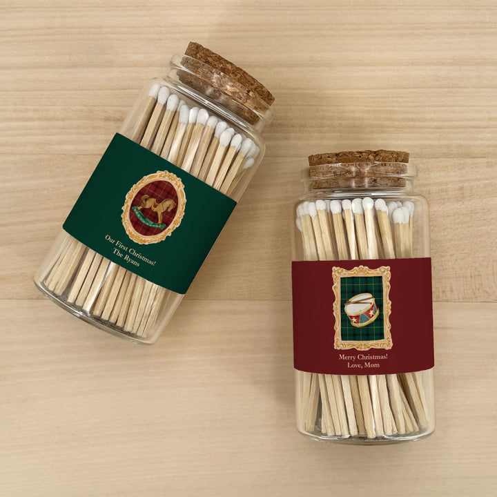 Personalized Christmas Matches, Apothecary Jar, Stocking Stuffer, Gold Frame Christmas Icons Match Jar
