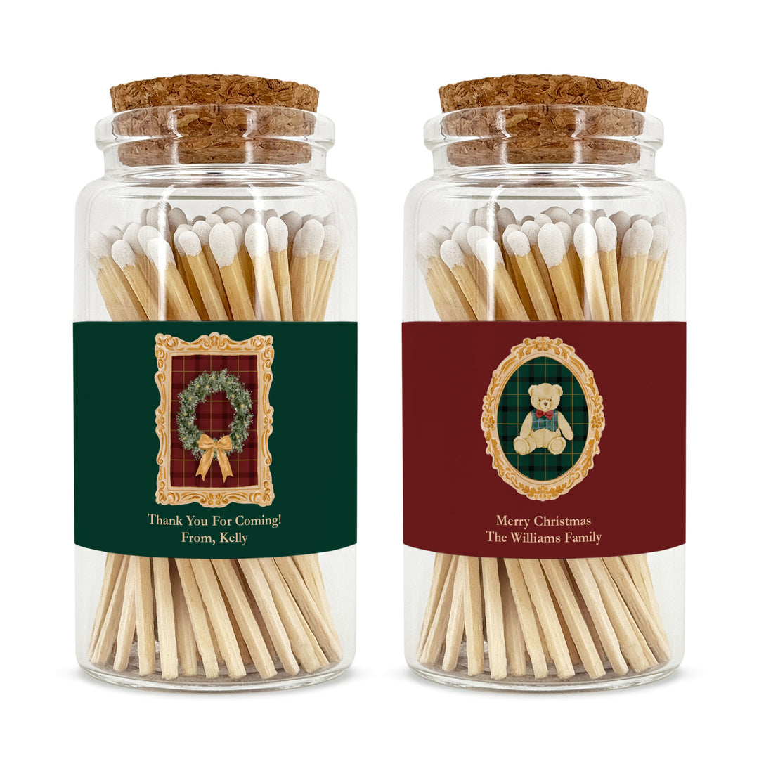 Personalized Christmas Matches, Apothecary Jar, Stocking Stuffer, Gold Frame Christmas Icons Match Jar