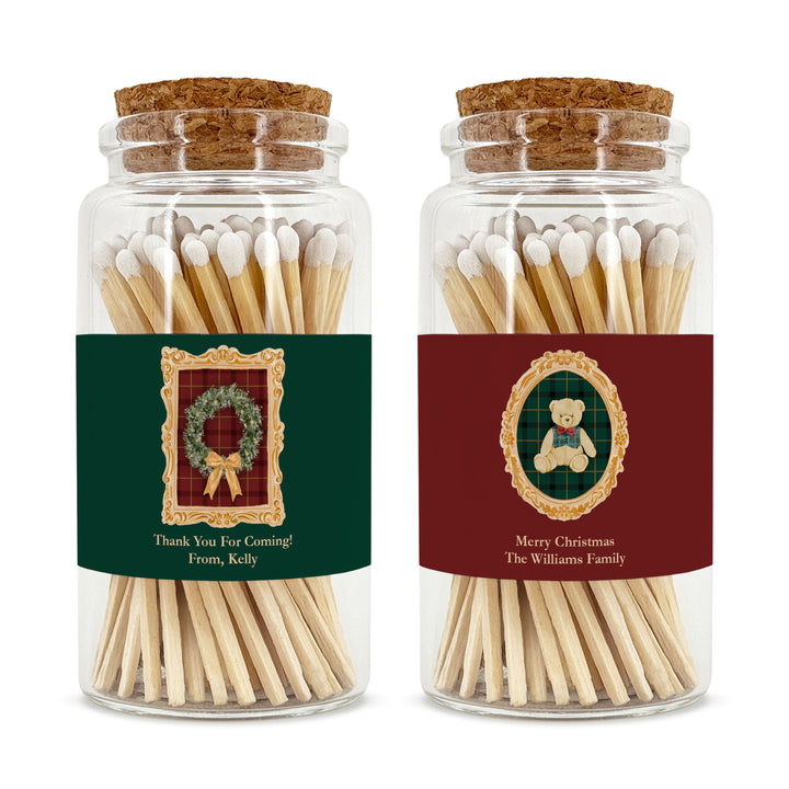 Personalized Christmas Matches, Apothecary Jar, Stocking Stuffer, Gold Frame Christmas Icons Match Jar