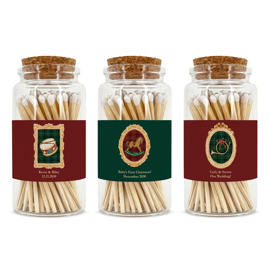 Personalized Christmas Matches, Apothecary Jar, Stocking Stuffer, Gold Frame Christmas Icons Match Jar