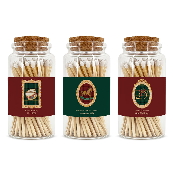 Personalized Christmas Matches, Apothecary Jar, Stocking Stuffer, Gold Frame Christmas Icons Match Jar