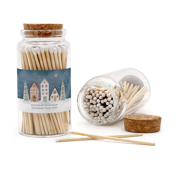 Personalized Holiday Matches, Apothecary Jar, Personalized Stocking Stuffer, Watercolor Christmas Village Match Jar
