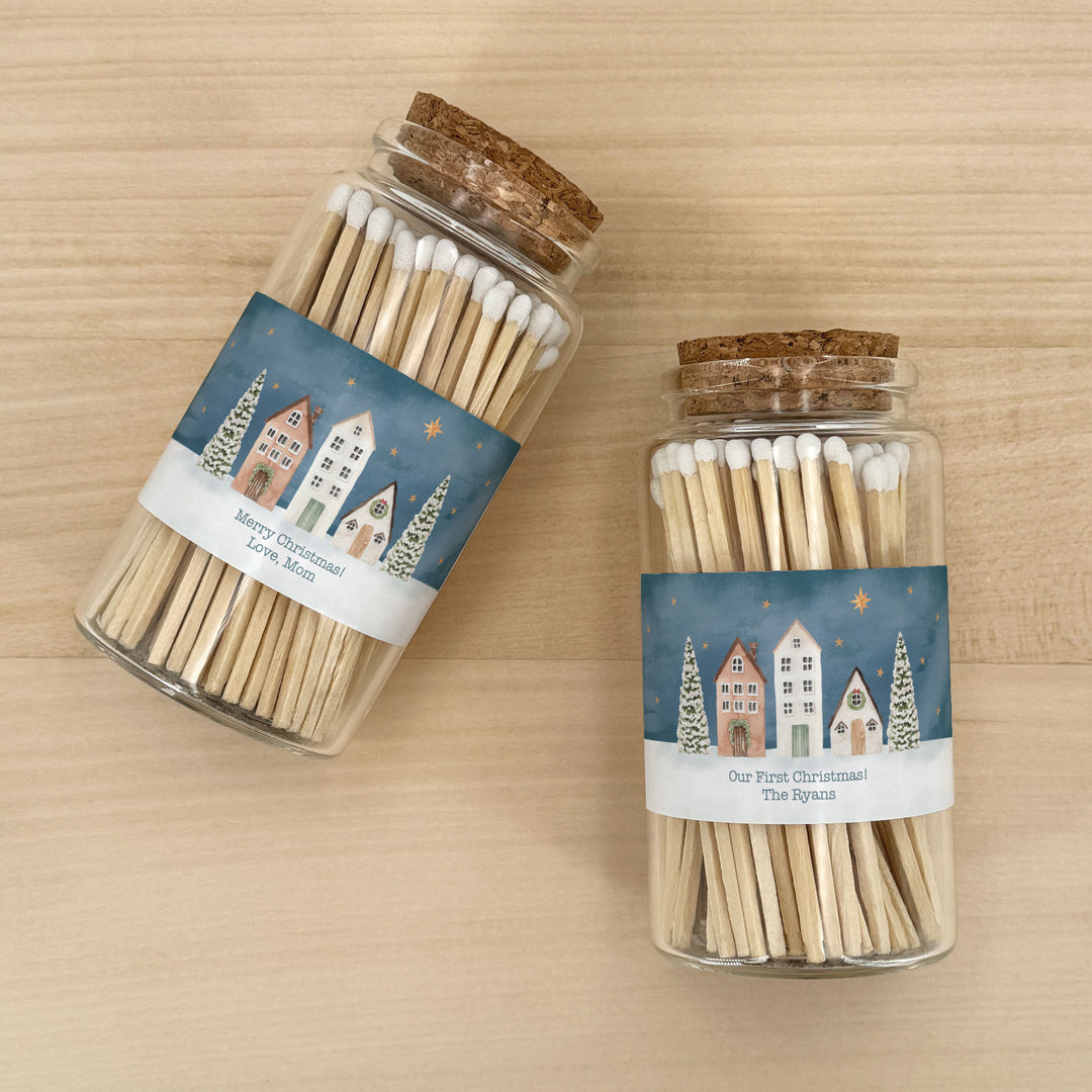 Personalized Holiday Matches, Apothecary Jar, Personalized Stocking Stuffer, Watercolor Christmas Village Match Jar