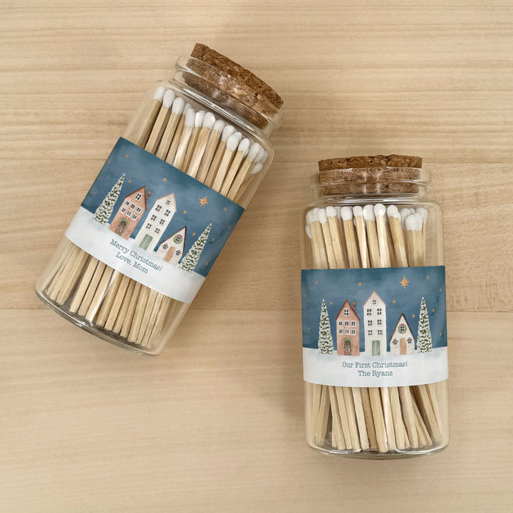 Personalized Holiday Matches, Apothecary Jar, Personalized Stocking Stuffer, Watercolor Christmas Village Match Jar