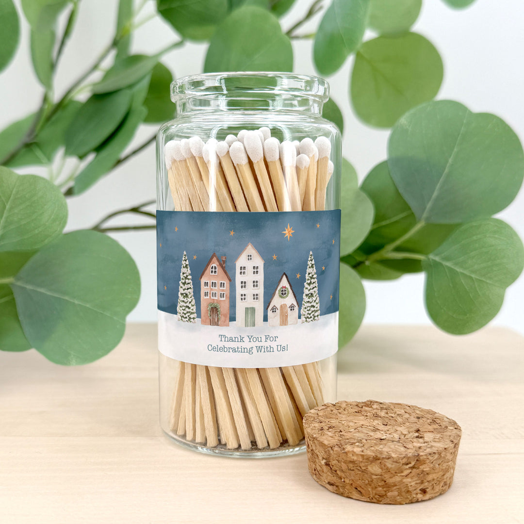 Personalized Holiday Matches, Apothecary Jar, Personalized Stocking Stuffer, Watercolor Christmas Village Match Jar
