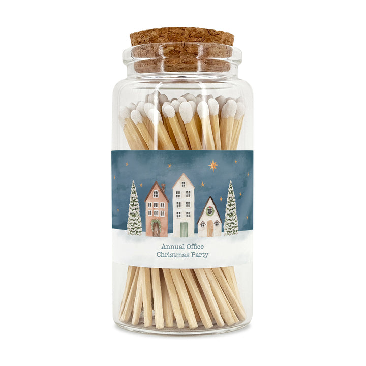 Personalized Holiday Matches, Apothecary Jar, Personalized Stocking Stuffer, Watercolor Christmas Village Match Jar