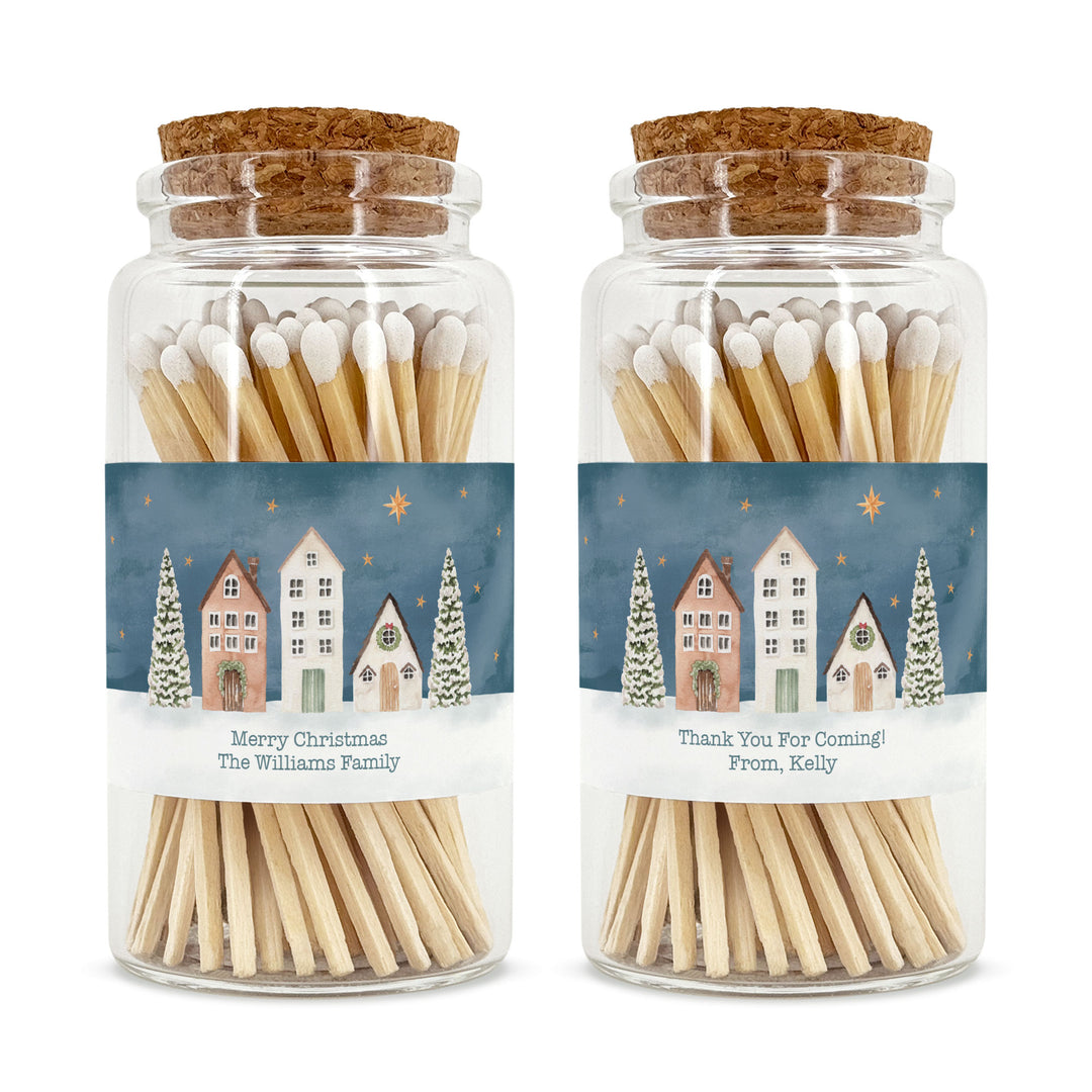 Personalized Holiday Matches, Apothecary Jar, Personalized Stocking Stuffer, Watercolor Christmas Village Match Jar