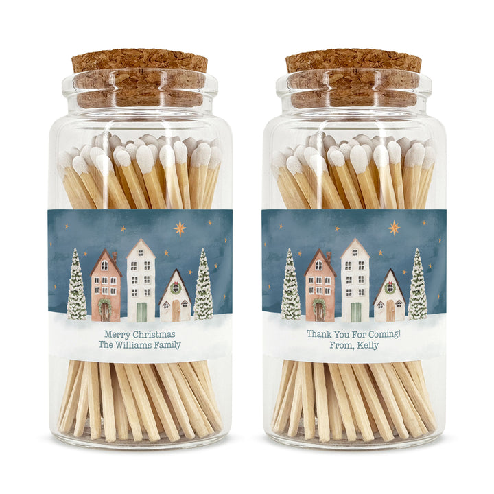 Personalized Holiday Matches, Apothecary Jar, Personalized Stocking Stuffer, Watercolor Christmas Village Match Jar