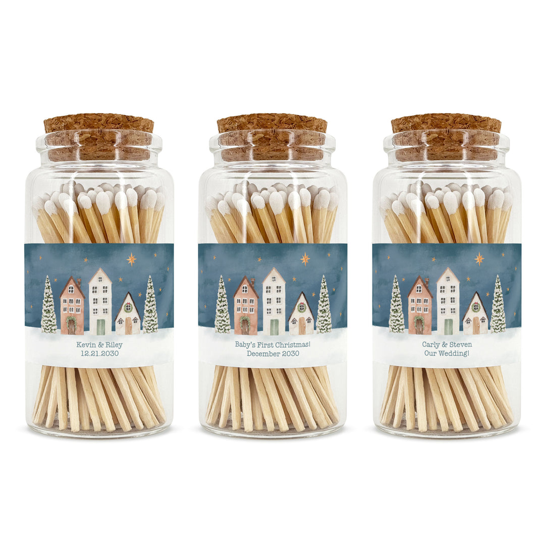 Personalized Holiday Matches, Apothecary Jar, Personalized Stocking Stuffer, Watercolor Christmas Village Match Jar