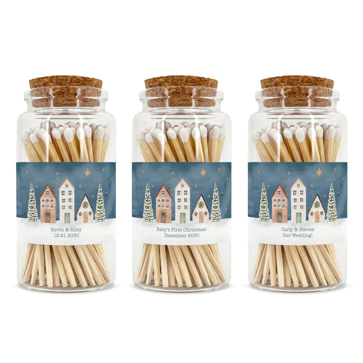 Personalized Holiday Matches, Apothecary Jar, Personalized Stocking Stuffer, Watercolor Christmas Village Match Jar
