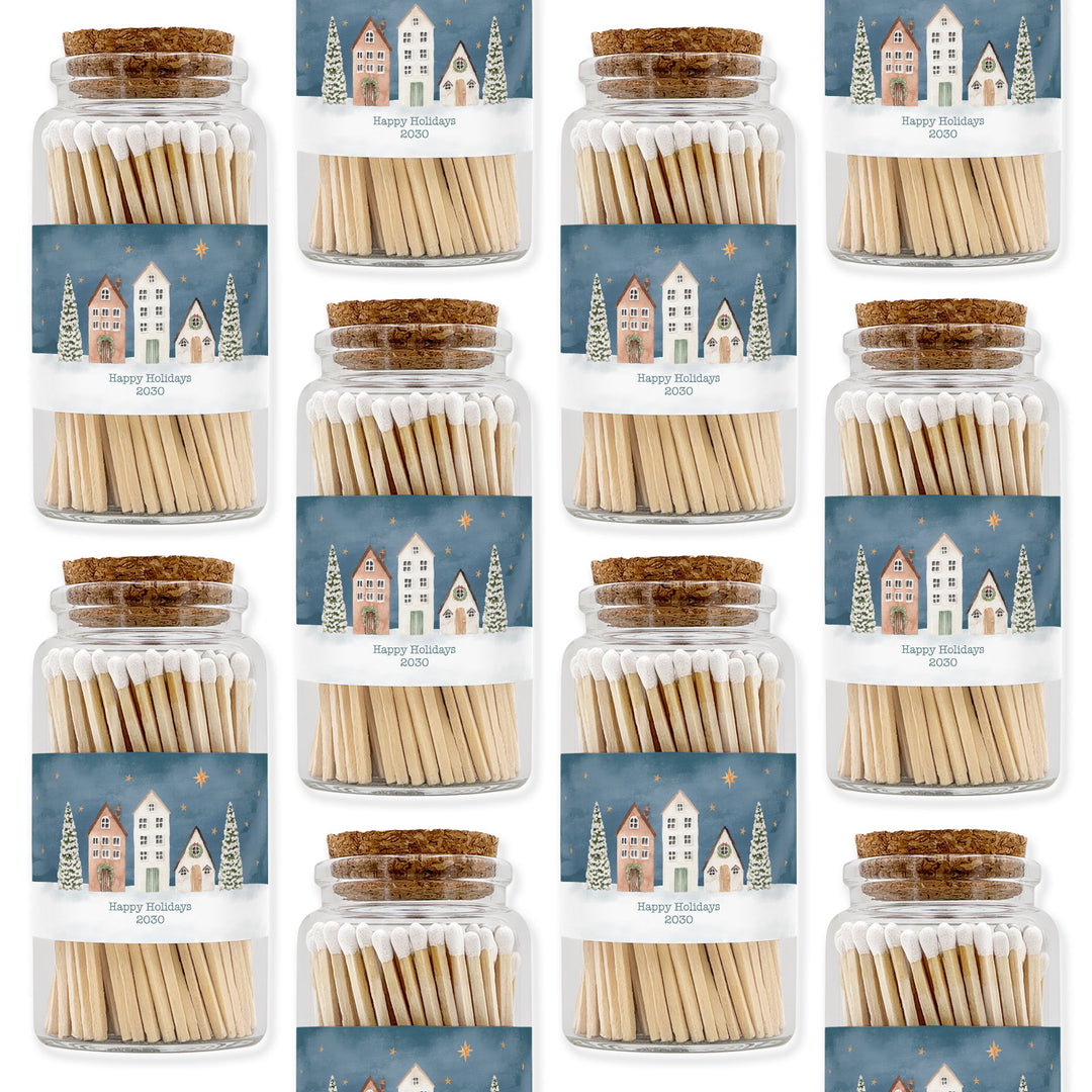 Personalized Holiday Matches, Apothecary Jar, Personalized Stocking Stuffer, Watercolor Christmas Village Match Jar