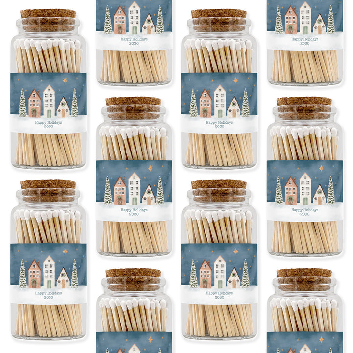 Personalized Holiday Matches, Apothecary Jar, Personalized Stocking Stuffer, Watercolor Christmas Village Match Jar