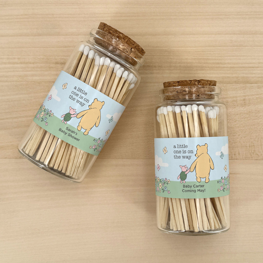 Apothecary Jar Safety Matches, Custom Decorative Matches, Baby Shower Favor, Pooh and Piglet Blue Skies