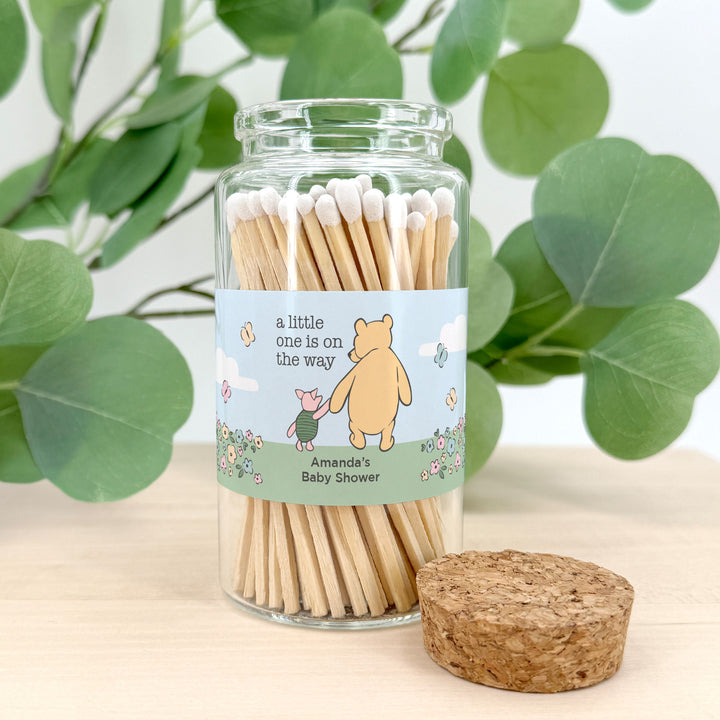 Apothecary Jar Safety Matches, Custom Decorative Matches, Baby Shower Favor, Pooh and Piglet Blue Skies