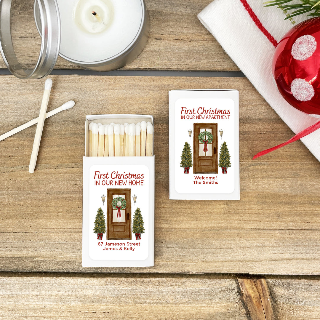 First Christmas in our New Home Matchboxes, Personalized Holiday Party Favors - Set of 50