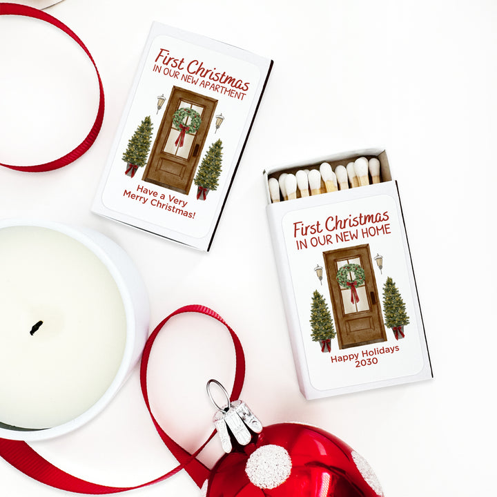First Christmas in our New Home Matchboxes, Personalized Holiday Party Favors - Set of 50