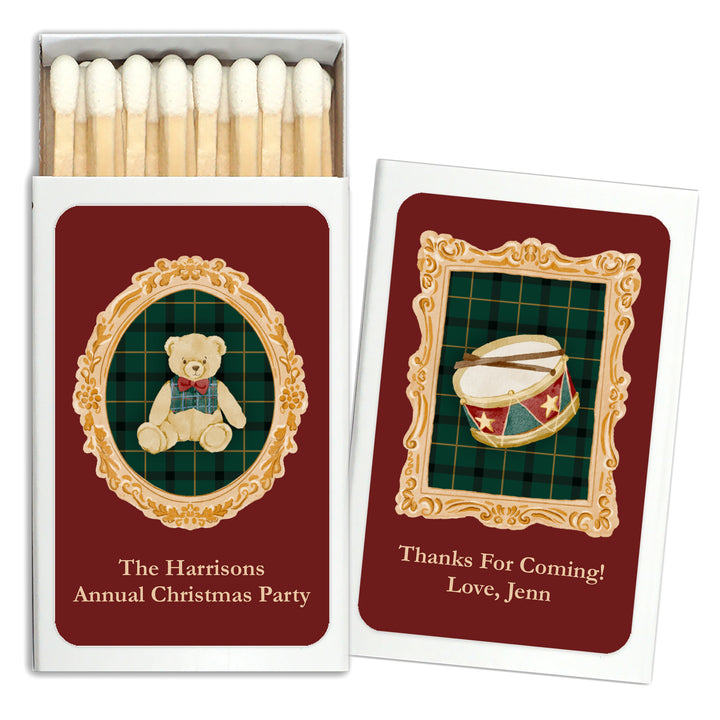 Traditional Christmas Matchboxes, Personalized Holiday Party Favors, Gold Frame Christmas Matches - Set of 50