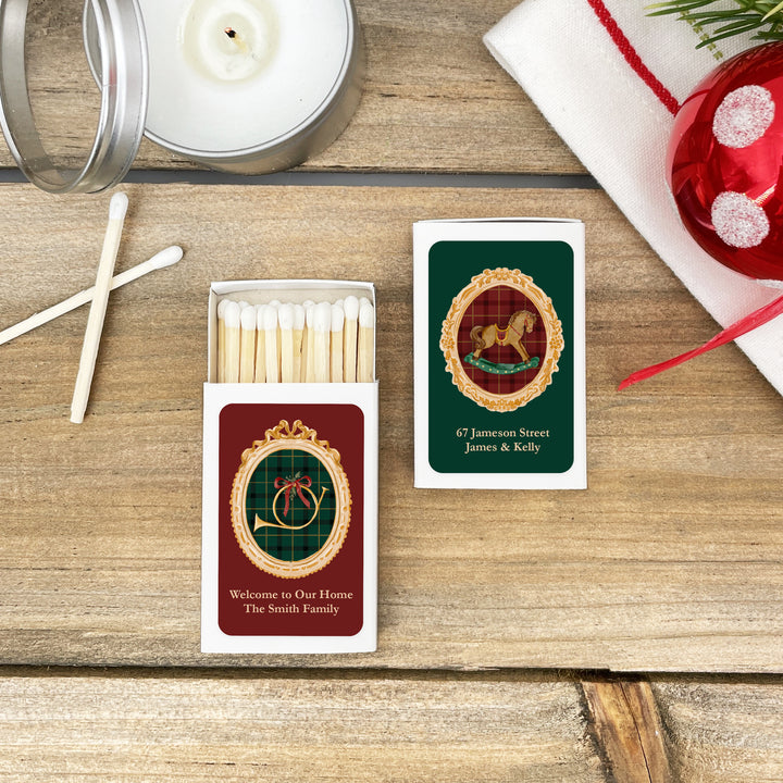 Traditional Christmas Matchboxes, Personalized Holiday Party Favors, Gold Frame Christmas Matches - Set of 50