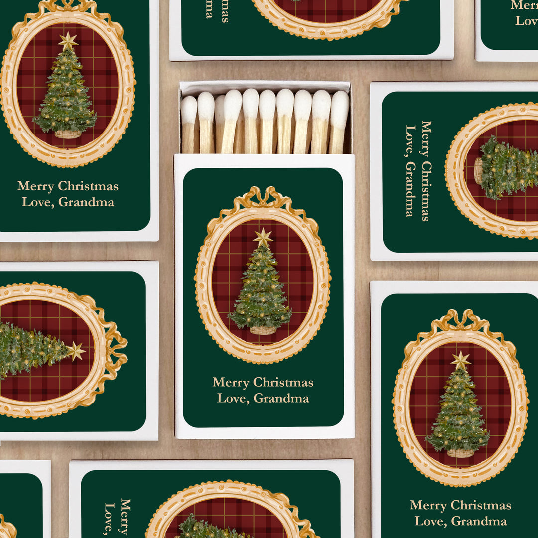 Traditional Christmas Matchboxes, Personalized Holiday Party Favors, Gold Frame Christmas Matches - Set of 50