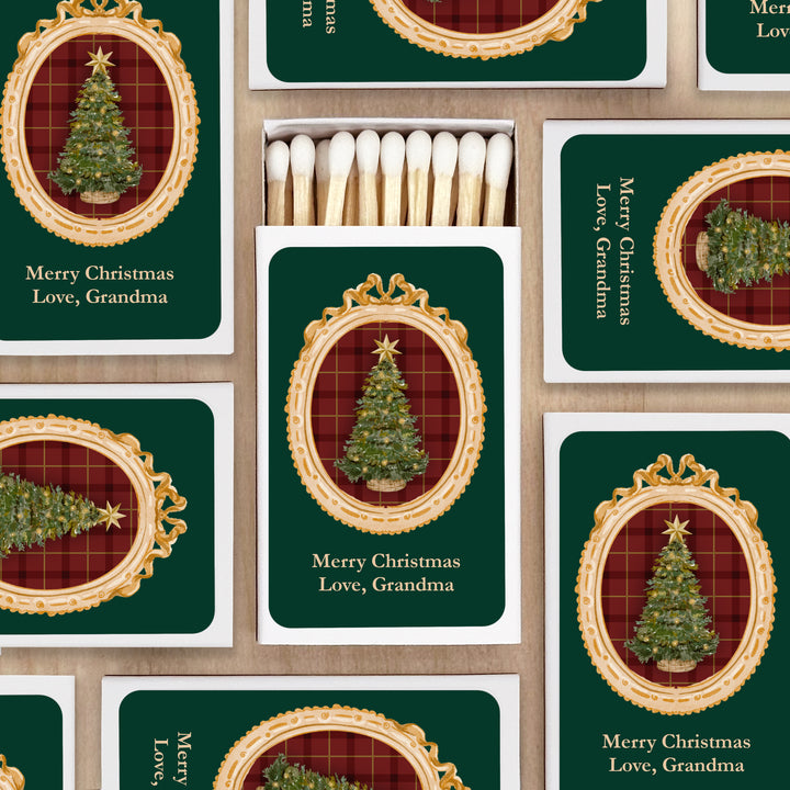 Traditional Christmas Matchboxes, Personalized Holiday Party Favors, Gold Frame Christmas Matches - Set of 50