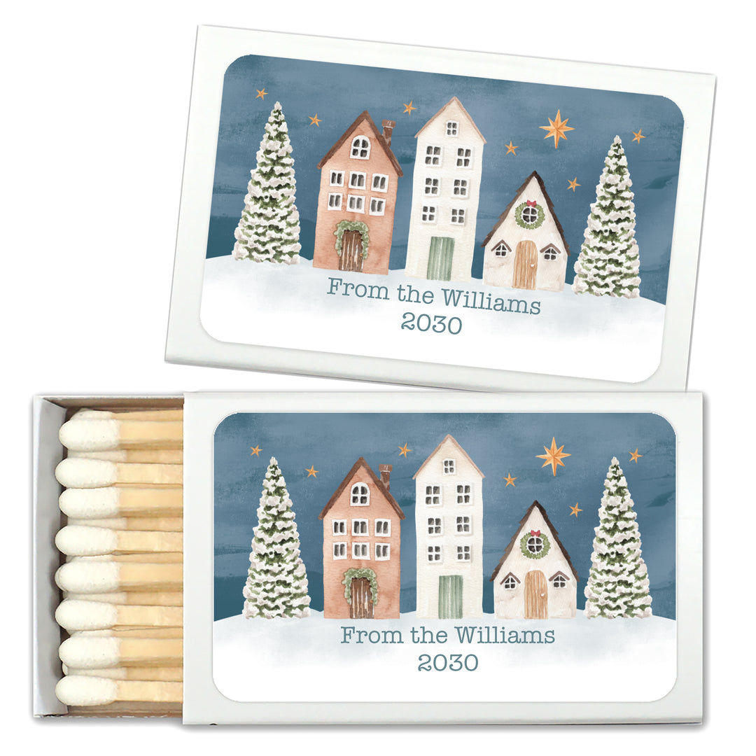 Watercolor Christmas Village Matchboxes, Personalized Holiday Party Favors - Set of 50