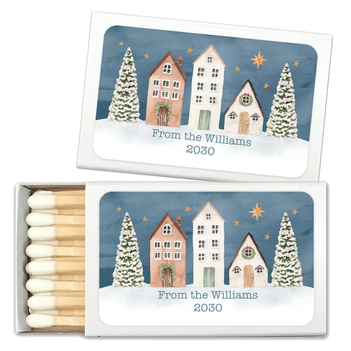 Watercolor Christmas Village Matchboxes, Personalized Holiday Party Favors - Set of 50