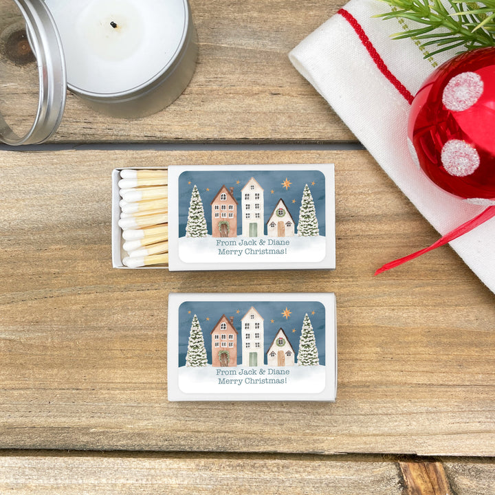 Watercolor Christmas Village Matchboxes, Personalized Holiday Party Favors - Set of 50
