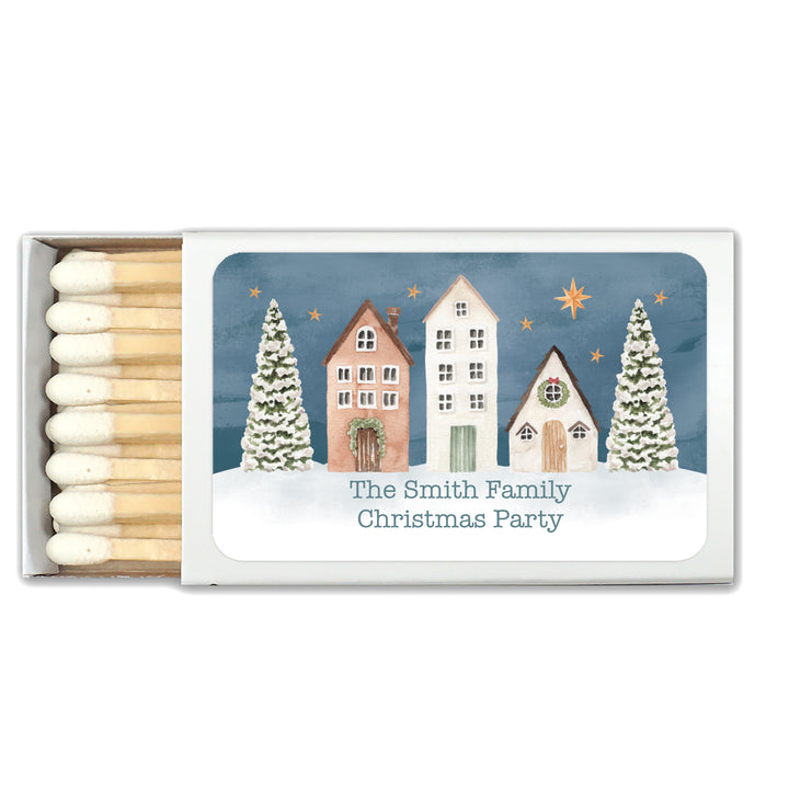 Watercolor Christmas Village Matchboxes, Personalized Holiday Party Favors - Set of 50