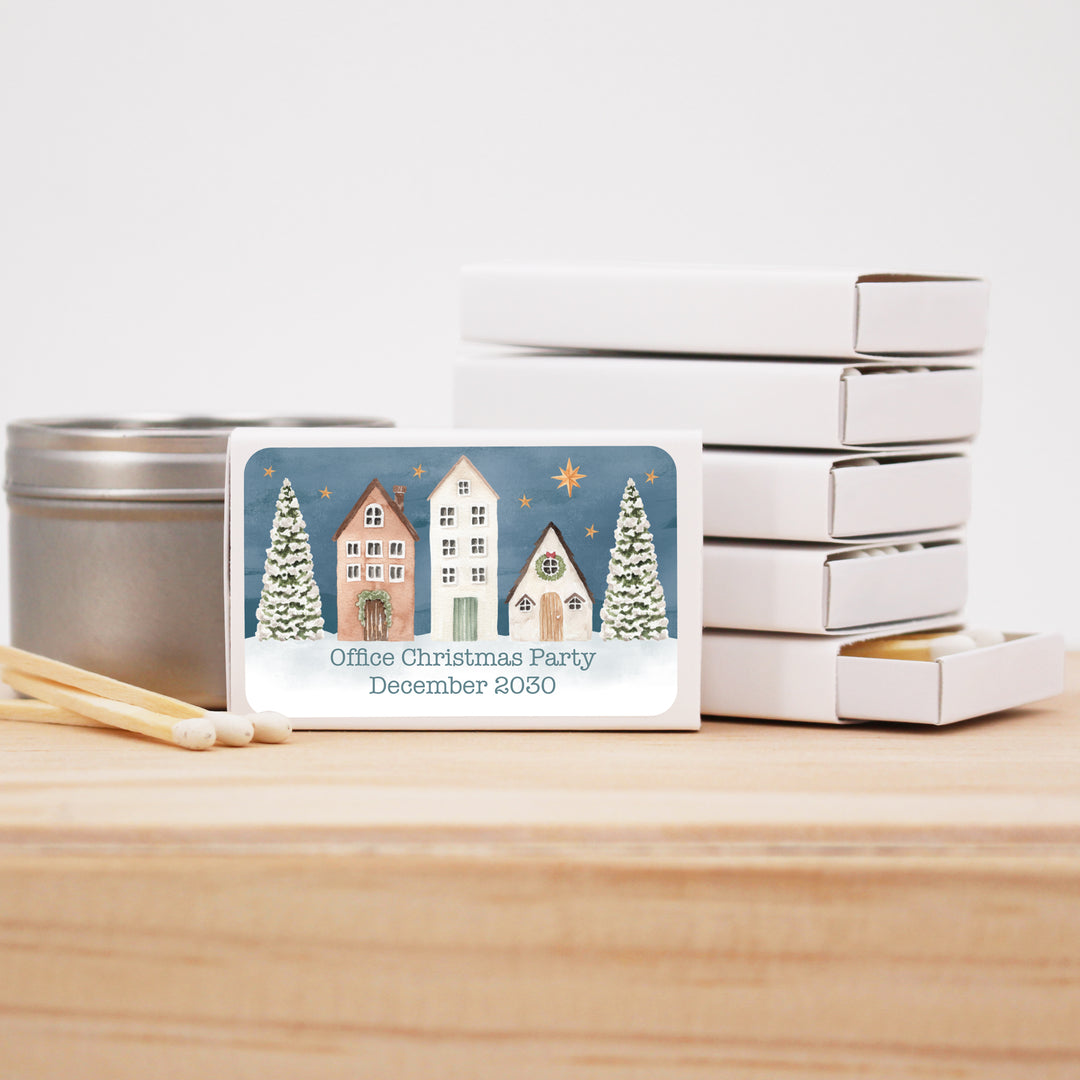 Watercolor Christmas Village Matchboxes, Personalized Holiday Party Favors - Set of 50