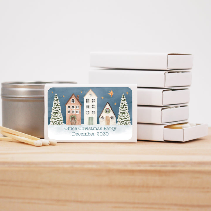 Watercolor Christmas Village Matchboxes, Personalized Holiday Party Favors - Set of 50
