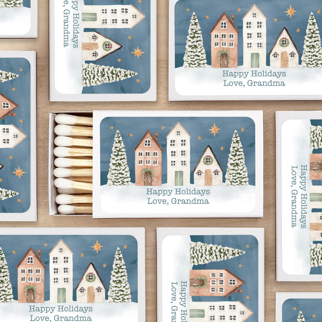Watercolor Christmas Village Matchboxes, Personalized Holiday Party Favors - Set of 50