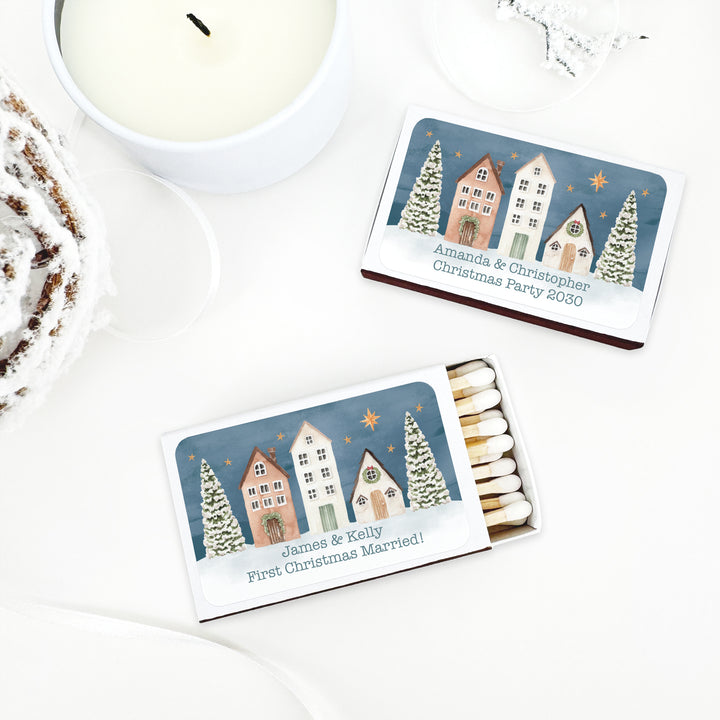 Watercolor Christmas Village Matchboxes, Personalized Holiday Party Favors - Set of 50