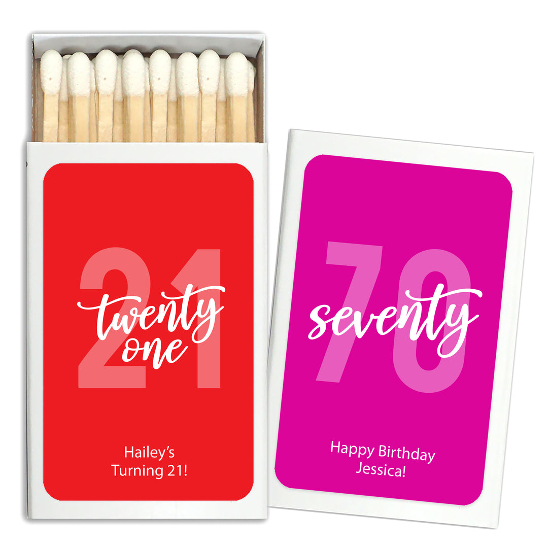Birthday Party Favor Matches, Birthday Favors, Personalized Matchboxes, Milestone Birthday Celebration, Bold Number with Script -Set of 50