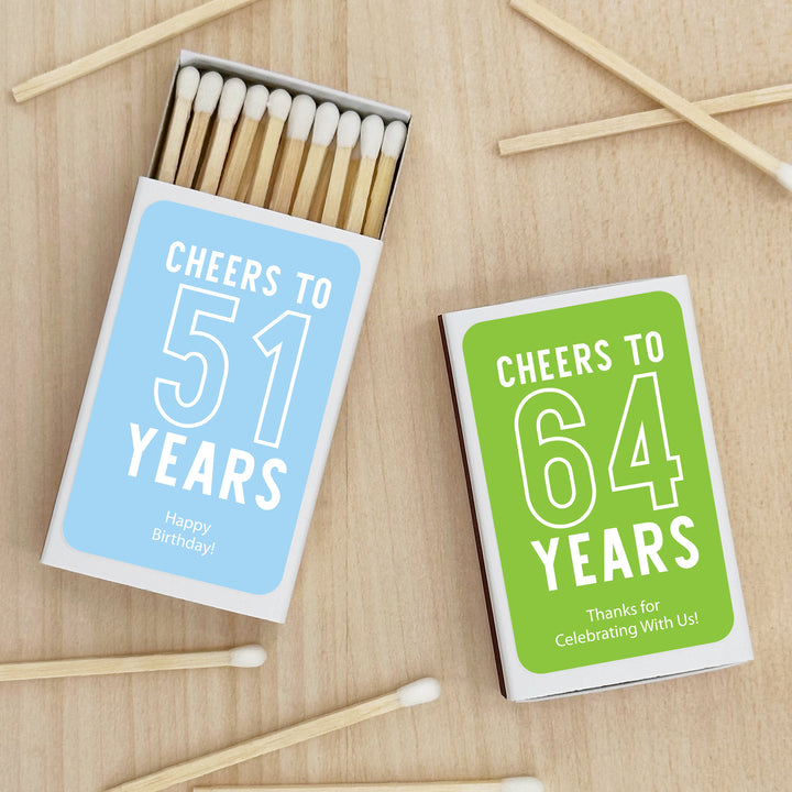 Birthday Party Favor Matches, Cheers to your Years, Personalized Matchboxes, Milestone Birthday Party -Set of 50