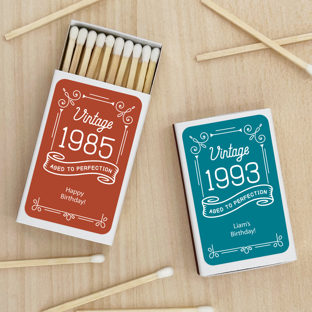 Birthday Party Favor Matches, Aged to Perfection Birthday Favors, Custom Matchboxes, Milestone Birthday Celebration -Set of 50