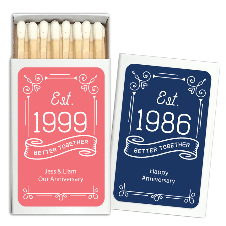 Anniversary Party Favor Matches, Anniversary Favors, Custom Matchboxes, Milestone Anniversary Celebration - Set of 50