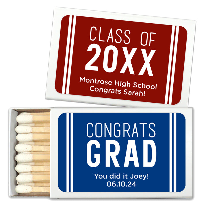 Graduation Favor Matches, School Color with Stripes (Set of 50)