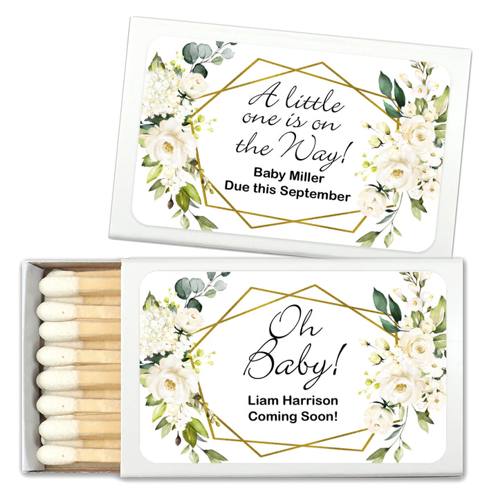 Baby Shower Favor Matches, White Geometric Floral (Set of 50)