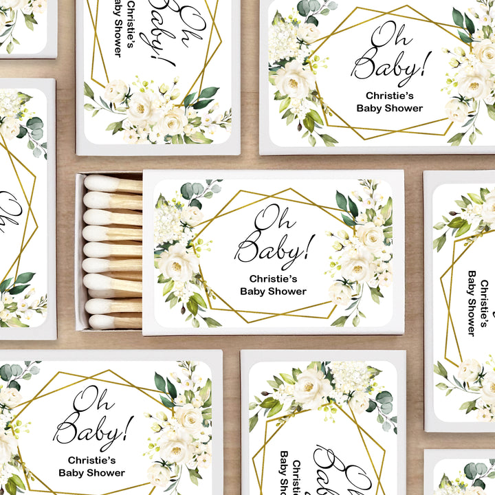 Baby Shower Favor Matches, White Geometric Floral (Set of 50)