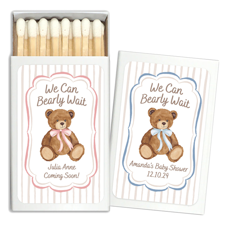 We Can Bearly Wait, Watercolor Bear, Baby Shower Favor Matches (Set of 50)