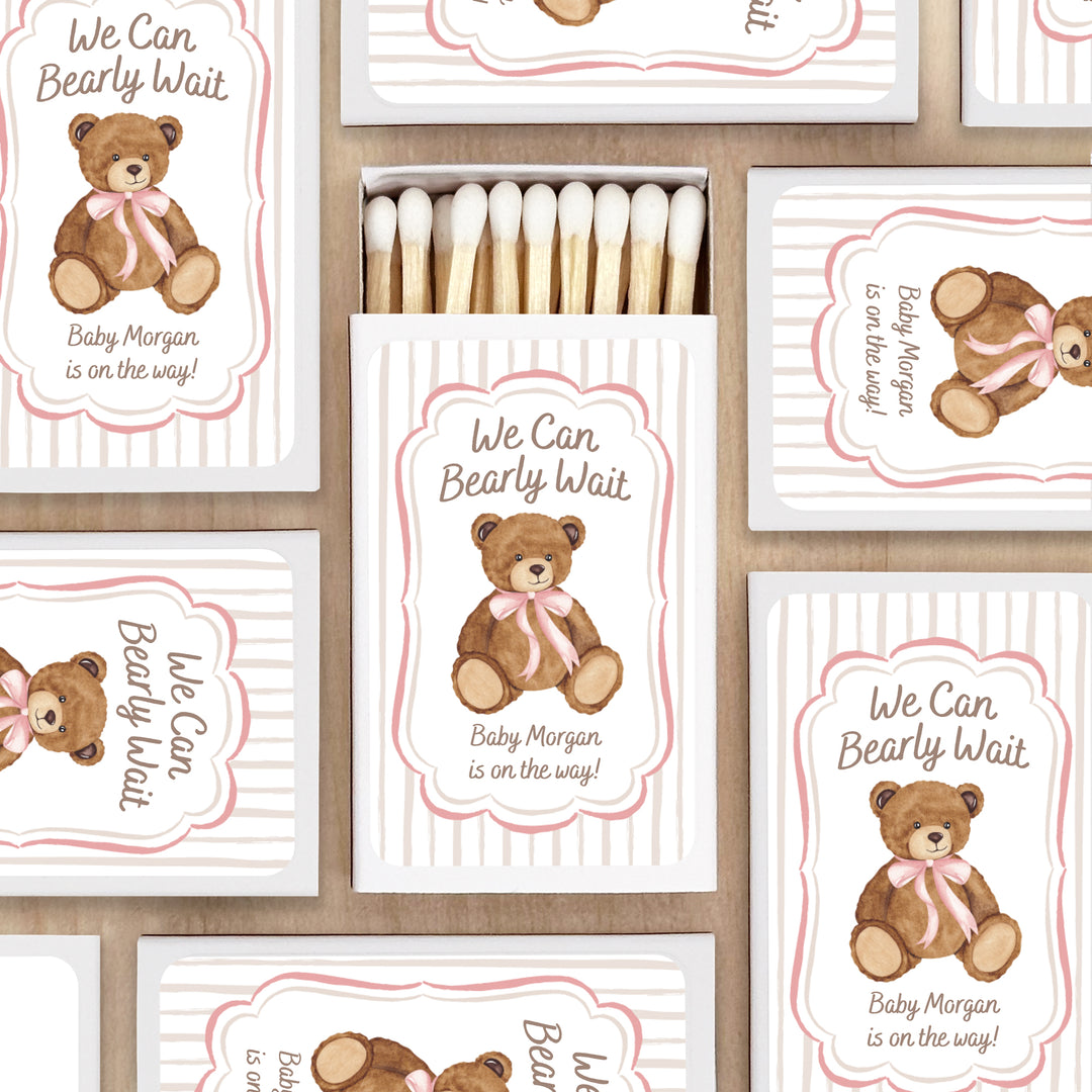 We Can Bearly Wait, Watercolor Bear, Baby Shower Favor Matches (Set of 50)