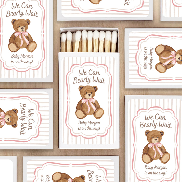 We Can Bearly Wait, Watercolor Bear, Baby Shower Favor Matches (Set of 50)