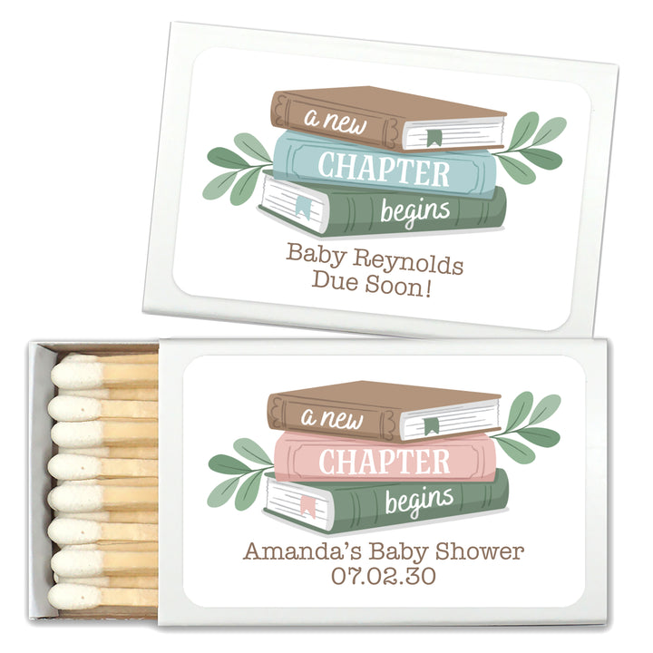 A New Chapter Begins, Book Themed Baby Shower, Baby Shower Favor Matches (Set of 50)