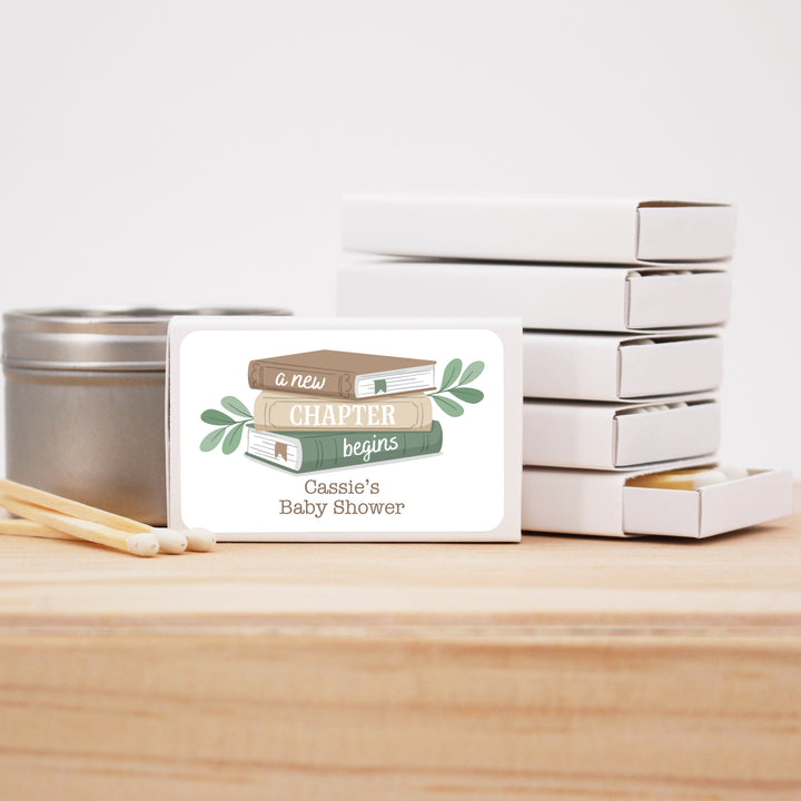 A New Chapter Begins, Book Themed Baby Shower, Baby Shower Favor Matches (Set of 50)
