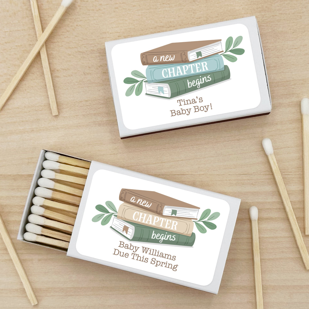 A New Chapter Begins, Book Themed Baby Shower, Baby Shower Favor Matches (Set of 50)